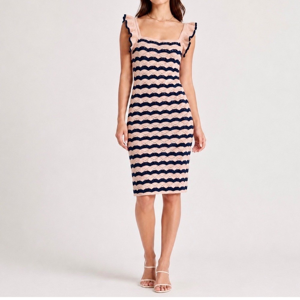 NWT Heartloom Chevron Crochet Knit Ruffle Midi Dress Blush Cream Navy Blue Sz L